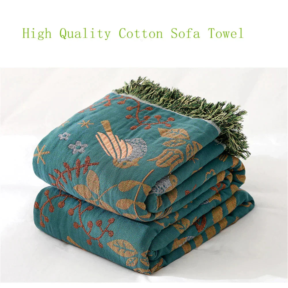 DecorBites™ Birds Jacquard Cotton Gauze Sofa Cover - Non-Slip Blanket for All Seasons