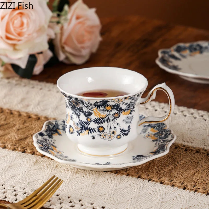 DecorBites™ Blue & White Porcelain Classic Coffee Mug Set Gold Rim Tea Cup Saucer