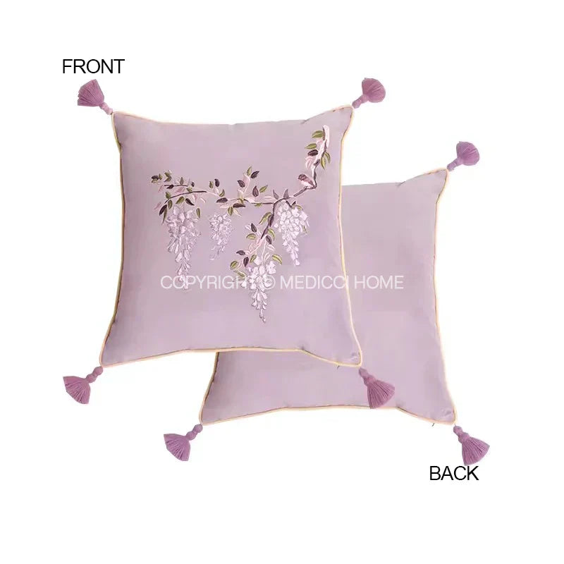 DecorBites™ Botanical Wisteria Embroidered Cushion Cover with Tassel