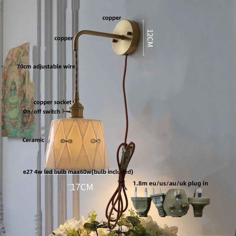 DecorBites™ Ceramic Brass LED Wall Light Fixture Pull Chain Switch Bedside Sconce