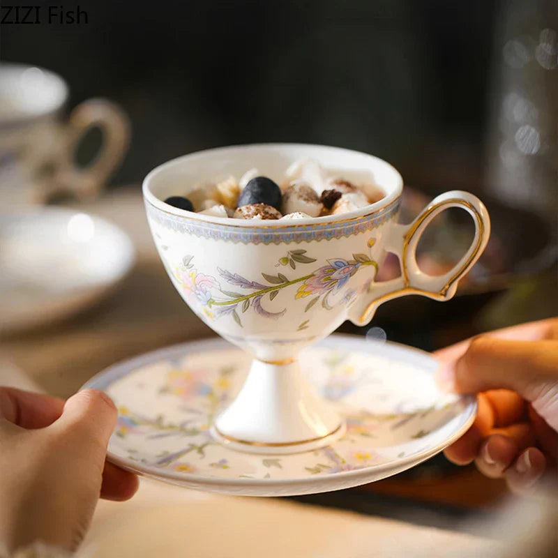 DecorBites™ Gold Flower Ceramic Cup & Saucer Set - Elegant Goblet Mugs for Coffee, Tea, Juice