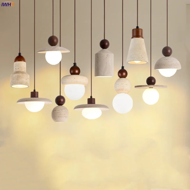 DecorBites™ LED Pendant Lamp with Wood Canopy & White Glass Chandelier - Yellow Travertine Kitchen Bedroom Lighting