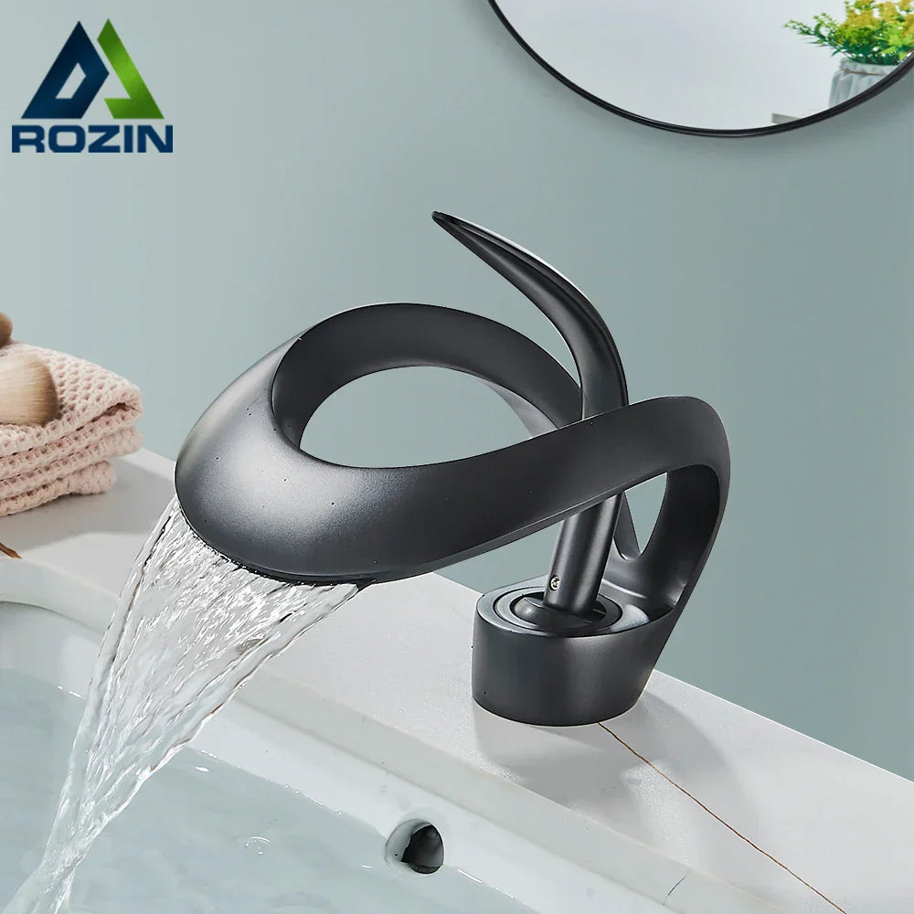 DecorBites™ Black Basin Faucet Grey Waterfall Mixer Tap Hot Cold Modern Brass Deck Mount