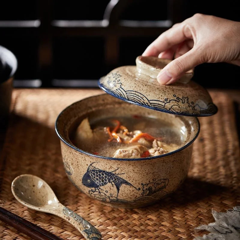 DecorBites™ 6.5inch Retro Ceramic Ramen Bowl Set with Lid, Chopsticks, and Spoons