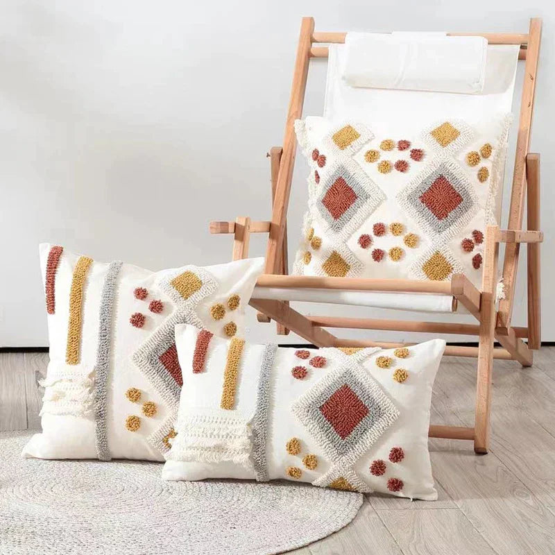 DecorBites™ Boho Ivory Brown Tufted Lace Pillow Cover 50x30/45x45cm for Living Room/Sofa