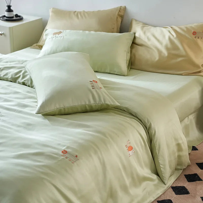 DecorBites™ Cartoon Embroidery Comforter Set with Silky Cooling Touch Fitted Sheet - Luxury Rayon Bedding Set