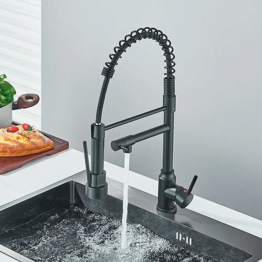 DecorBites™ Brass Kitchen Sink Faucet: Pull Down Dual Spout, 360 Rotation, Hot/Cold Mixer, 2 Modes