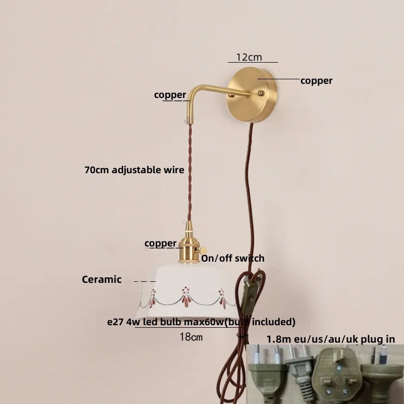 DecorBites™ Ceramic LED Wall Lamps Pull Chain Switch Rotate Copper Vanity Light