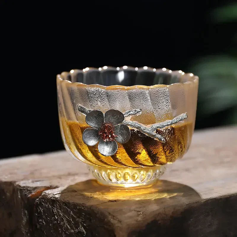 DecorBites™ Carved Tin Glass Tea Cup Set - Heat Resistant, Puer Chinese, Elegant Design
