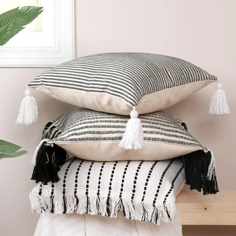 DecorBites™ Boho Jacquard Flower Throw Pillow Case with Tassels - Home Sofa Decor