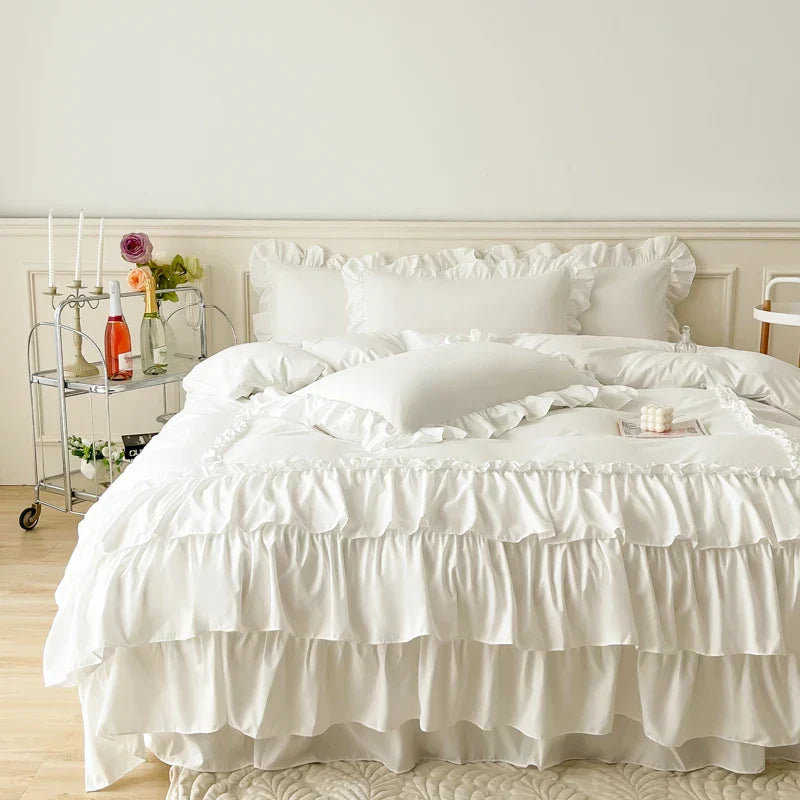 DecorBites™ Lace Ruffle Princess Bedding Set with Bed Skirt & Pillowcases