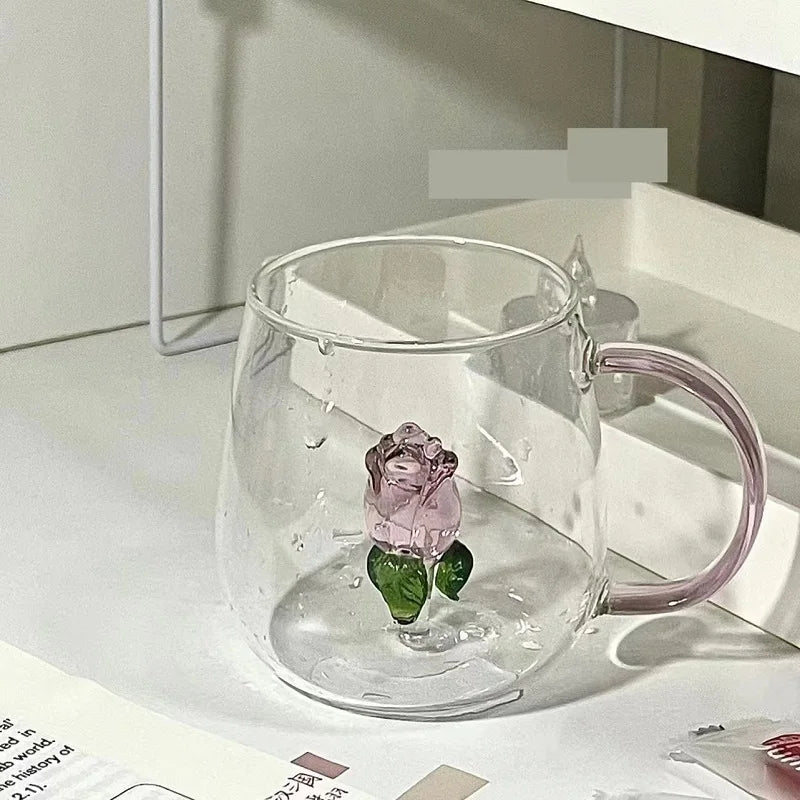 DecorBites™ 3D Rose Glass Breakfast Cup with Handle for Juice, Coffee, Tea, Milk