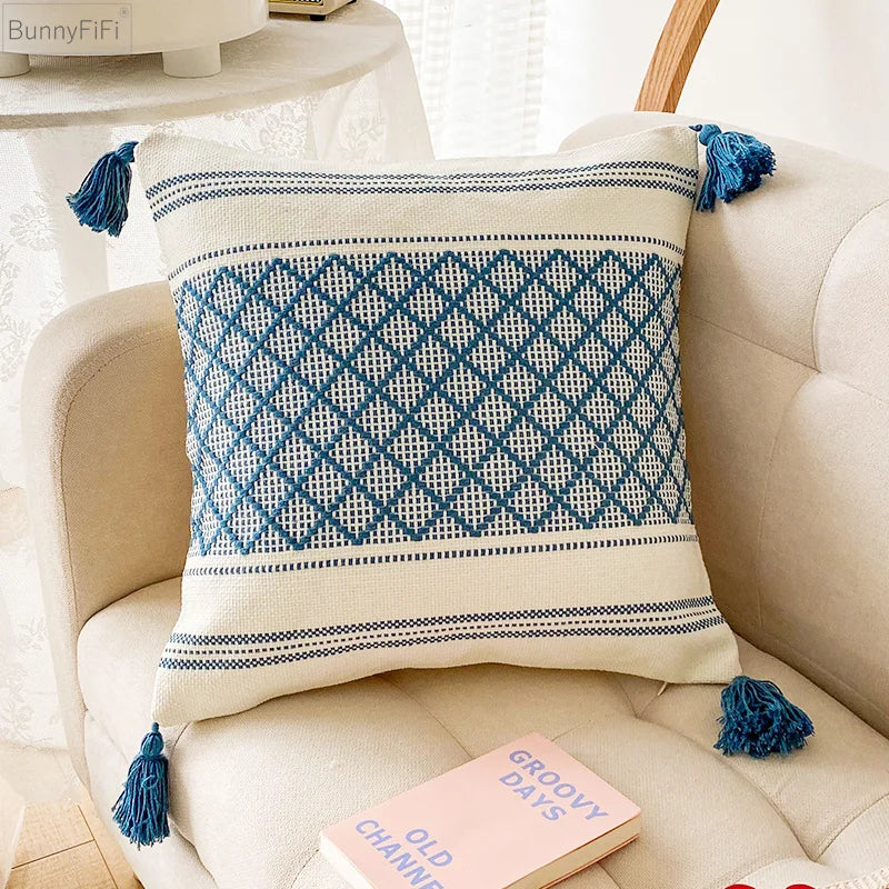 DecorBites™ Blue Diamond Jacquard Tassel Cushion Cover 45x45cm