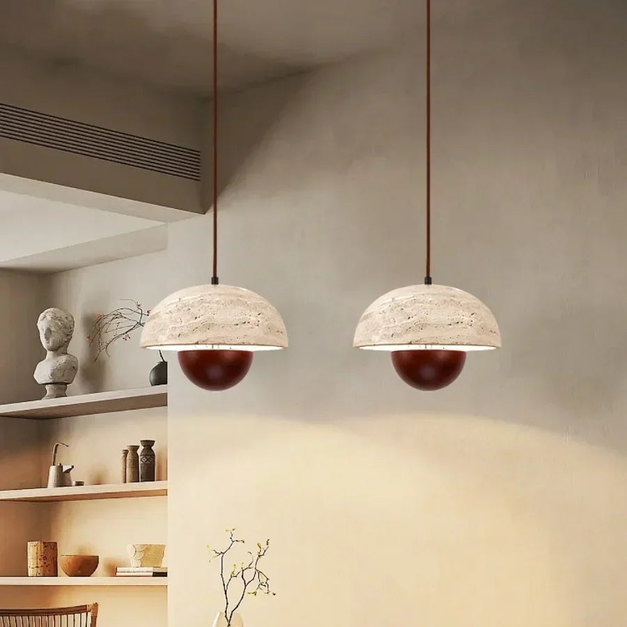 DecorBites™ LED Pendant Lights Bar Decor Yellow Travertine Stone Wood Hang Lamp