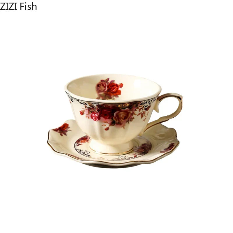 DecorBites™ Blooming Roses Porcelain Coffee Mug with Golden Edge & Saucer