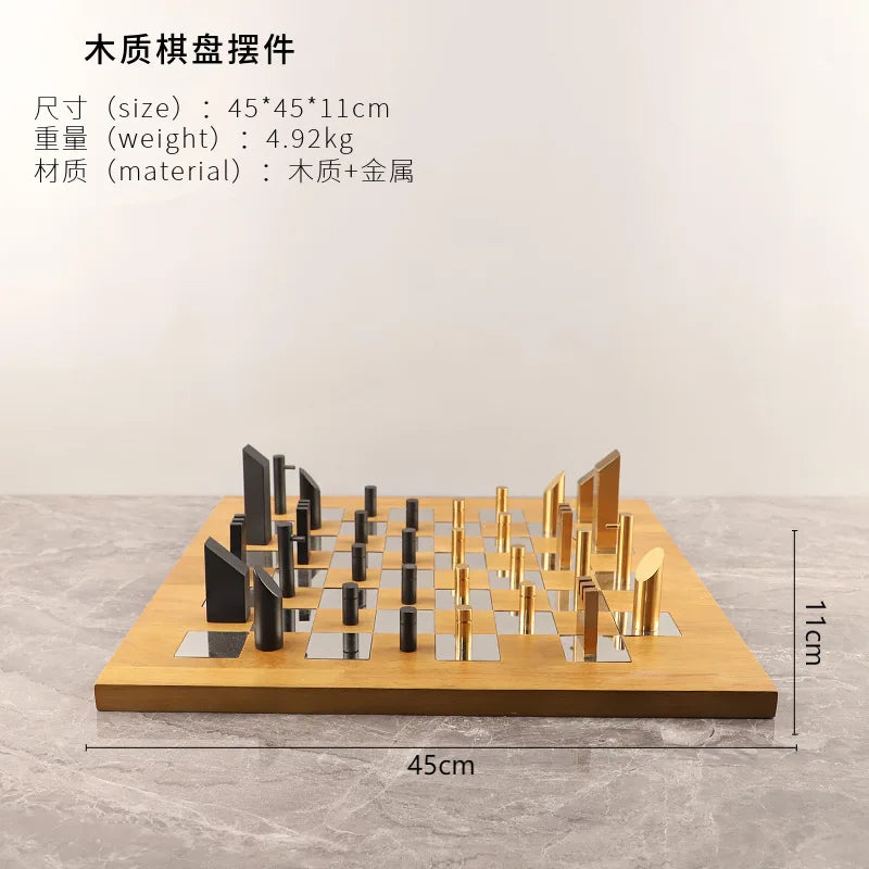 "DecorBites™ Geometric Block Chess Set - Wooden Metal Chessboard Home Decor"