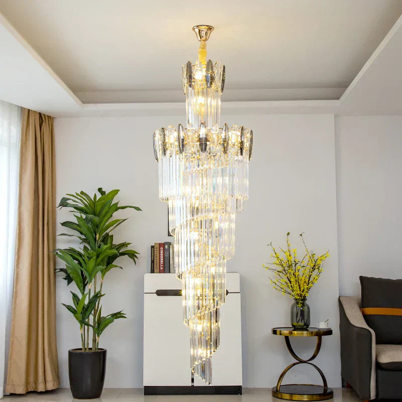 DecorBites™ Crystal Chandelier: Elegant minimalist duplex living room lighting with a touch of luxury.
