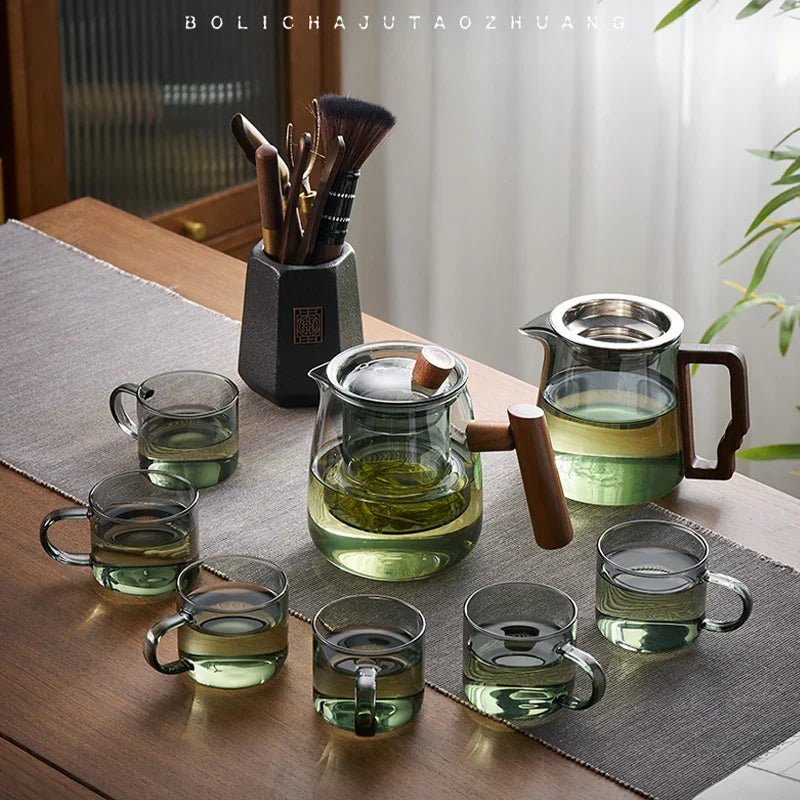 DecorBites™ Glass Teapot with Wood Handle for Chinese Tea Ceremony and Kung Fu Tea