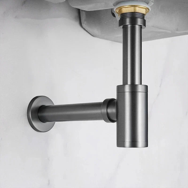 DecorBites™ Brass Round Siphon P-Trap Set with Pop-Up Drainer Gun Grey