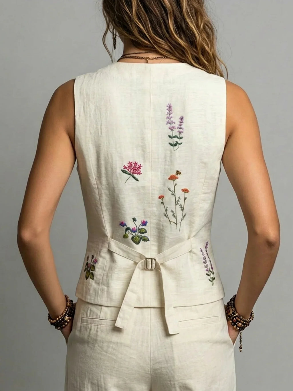 Spring Summer Autumn Linen Gilet with Unique Random Embroidery, Elegant Versatile Commuter Outer‑wear Vest