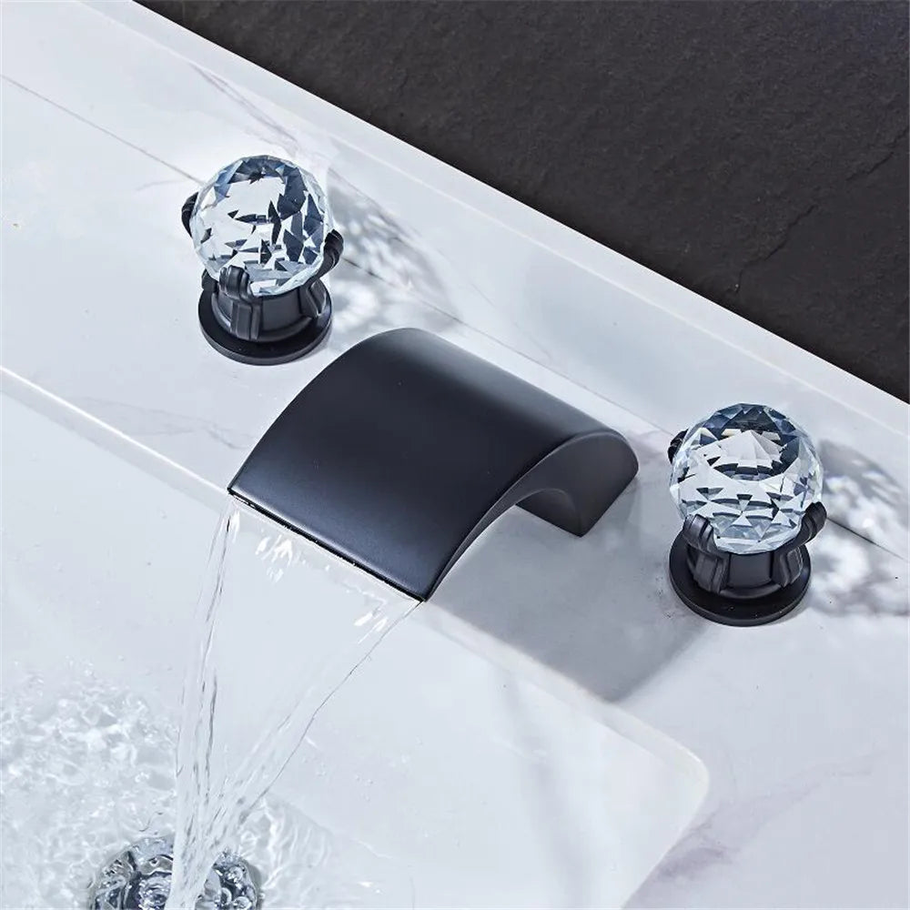 DecorBites™ Black Basin Faucet: Brass Gold Crystal Sink Faucet, 3 Hole Waterfall Tap