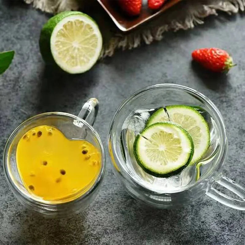 DecorBites™ Heart Love Glass Coffee Mug Cup Set for Drinking Tea Juice Water Gift.