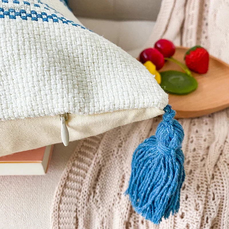 DecorBites™ Blue Diamond Jacquard Tassel Cushion Cover 45x45cm