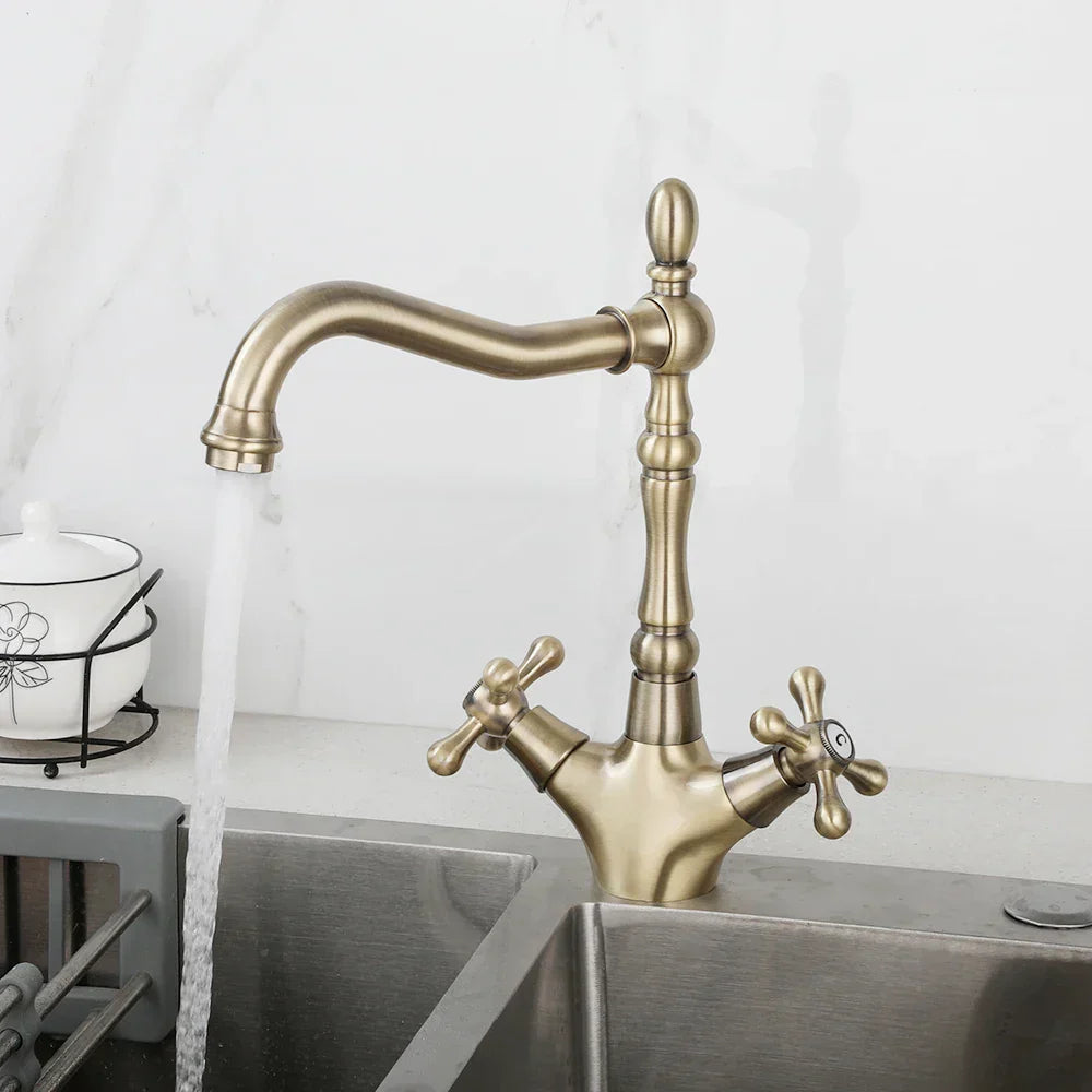 DecorBites™ Antique Brass Dual Handle Swivel Sink Faucet Rotated Mixer Tap