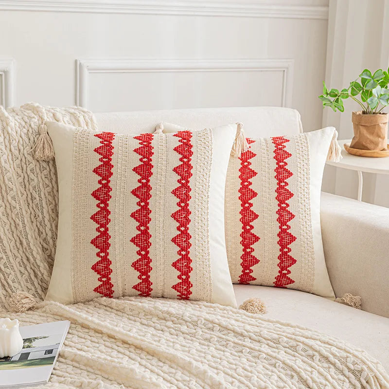 DecorBites™ Boho Geometric Tassel Cushion Cover Cotton Linen Crochet Pillowcase