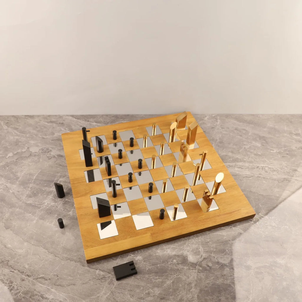 "DecorBites™ Geometric Block Chess Set - Wooden Metal Chessboard Home Decor"