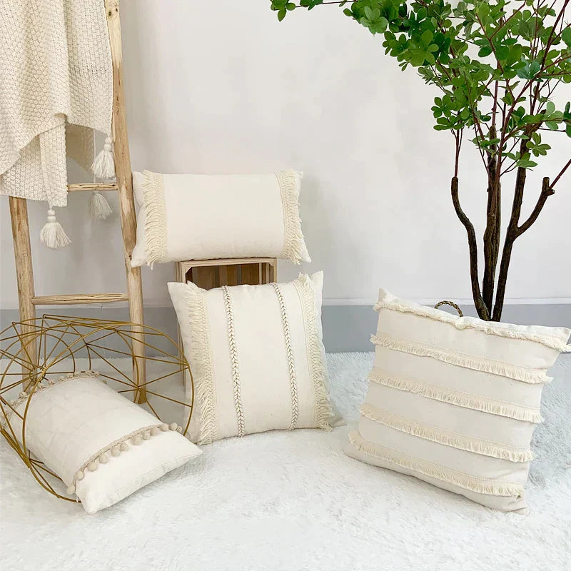 DecorBites™ Boho Style Beige Linen Cushion Cover with Tassels for Home Decor
