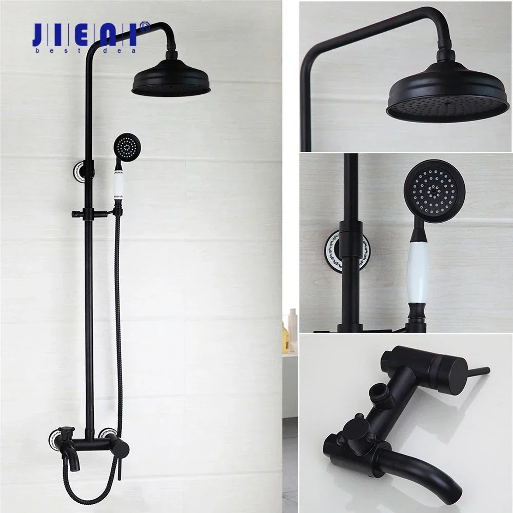DecorBites™ 8 Inch Matte Black Shower Faucet Set with Hand Spray and Rainfall Head