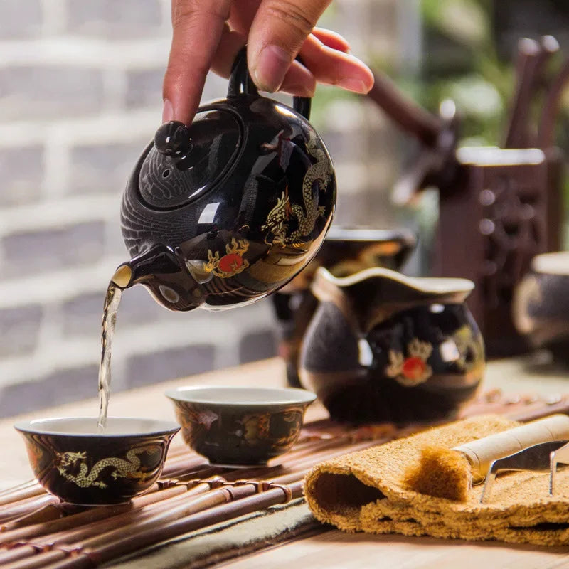 DecorBites™ Chinese Dragon Ceramic Red Tea Pot Set Kettle Teapot Kung Fu Teaware
