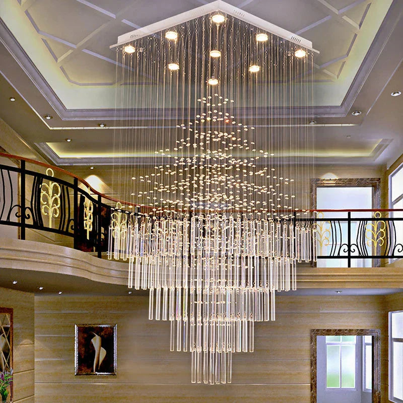DecorBites™ Columnar Crystal Chandelier with Square Base for Living Room, Stair Loft - Modern Hanging Lamp