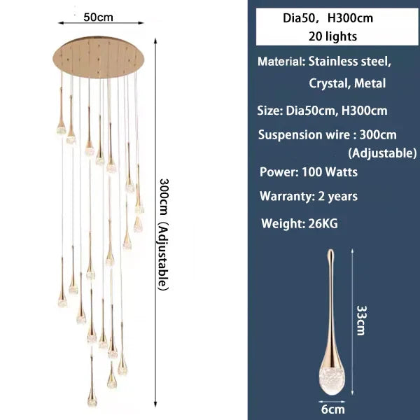 DecorBites™ Crystal LED Staircase Chandelier - Gold Pendant Lamp for Living Room & Lobby