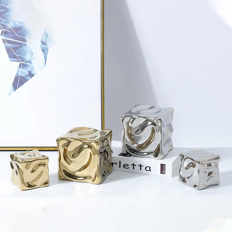 DecorBites™ Gold Ceramic Geometric Irregular Fold Pattern Decorative Figurine