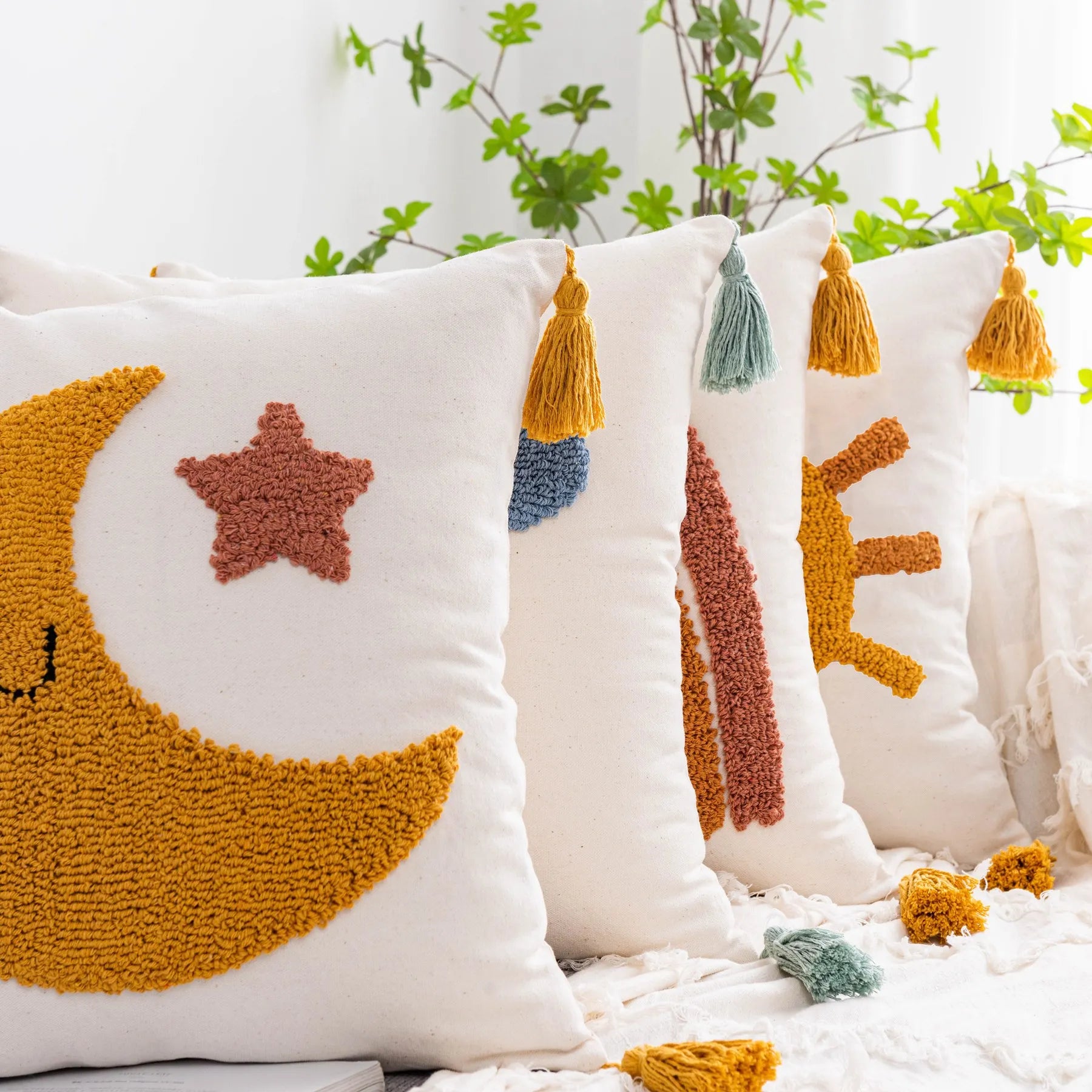 DecorBites™ Boho Yellow Rainbow Star Moon Tassel Cushion Cover 45x45cm