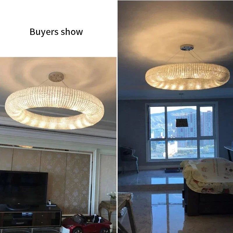 DecorBites™ Chrome Round Crystal Chandelier LED Pendant Light for Bedroom and Living Room