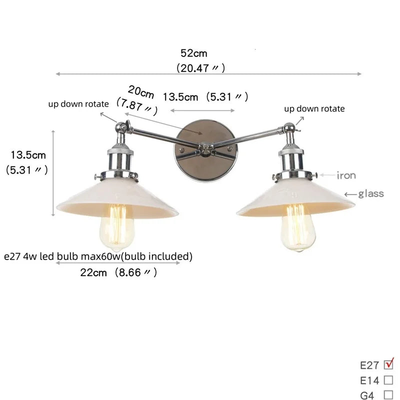 DecorBites™ Industrial LED Wall Light Fixture with Glass Pull Chain Switch - 2 Heads