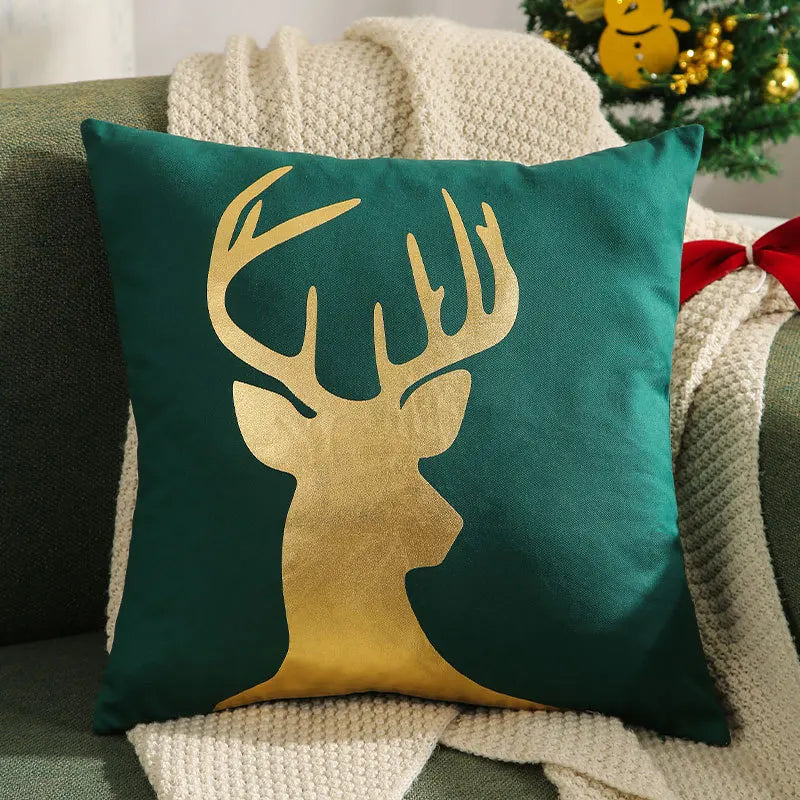DecorBites™ Christmas Elk Embroidered Cushion Cover | Gold & Silver Stamped Holiday Decor