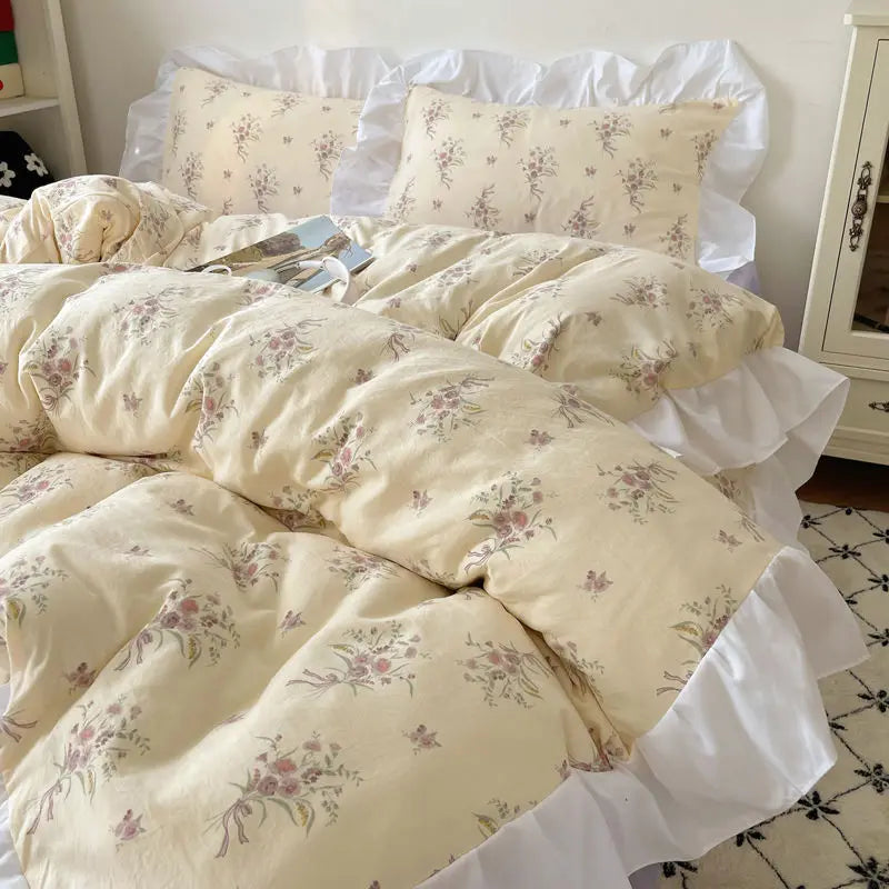 DecorBites™ Korean Lace Bedding Set, Full Double Size, Washed Cotton, Soft Bedclothes