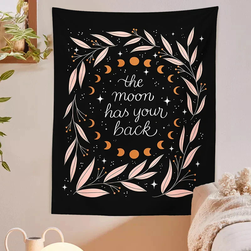 DecorBites™ Botanical Olive Leaf Moon Phase Wall Hanging Tapestries - Black Psychedelic Home Decor
