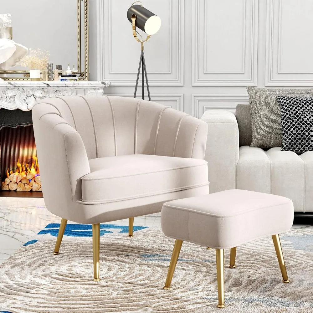 DecorBites™ Comfortable Beige Bucket Shaped Club Living Room Armchair with Golden Metal Legs