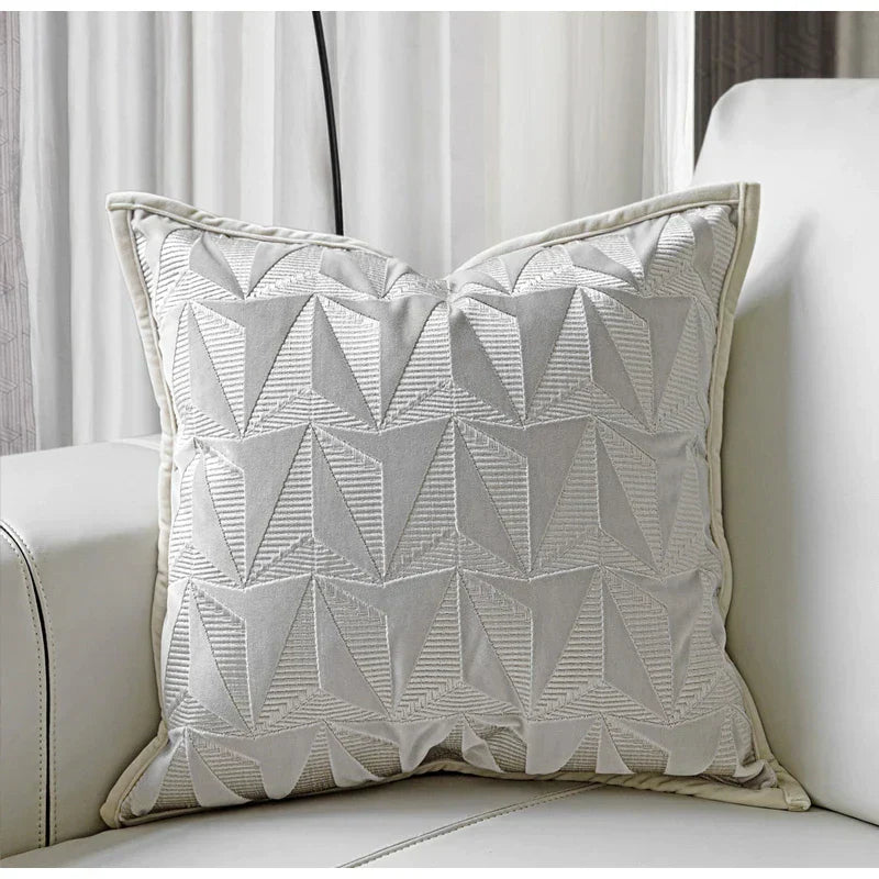 DecorBites™ Conical Geometric Embroidery Cut Velvet Pillow Cover Silver Luxe Square Cushion