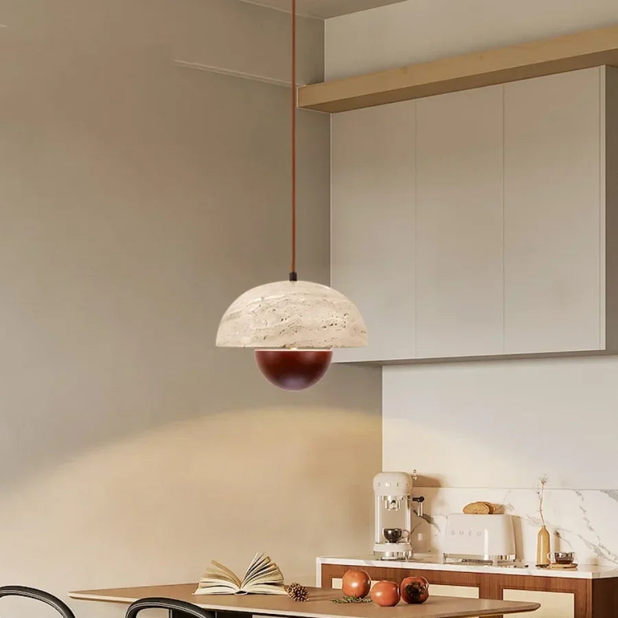 DecorBites™ LED Pendant Lights Bar Decor Yellow Travertine Stone Wood Hang Lamp