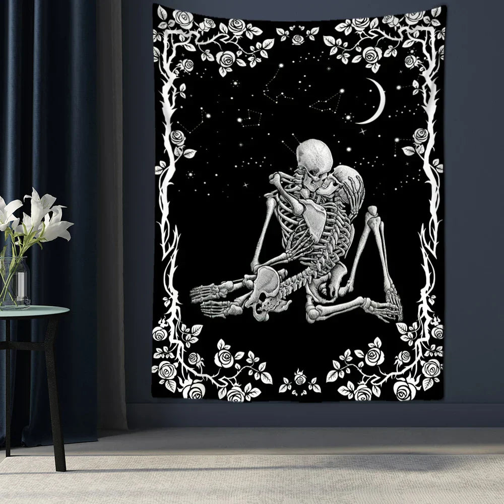 DecorBites™ Lovers Skull Tapestry Wall Hanging Black White Romantic Skeleton Home Decor