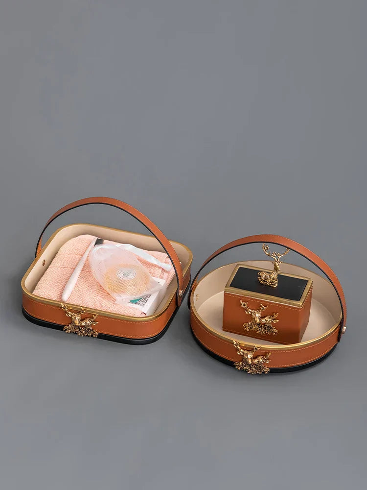 DecorBites™ Brown Leather Desktop Storage Basket and Tissue Box