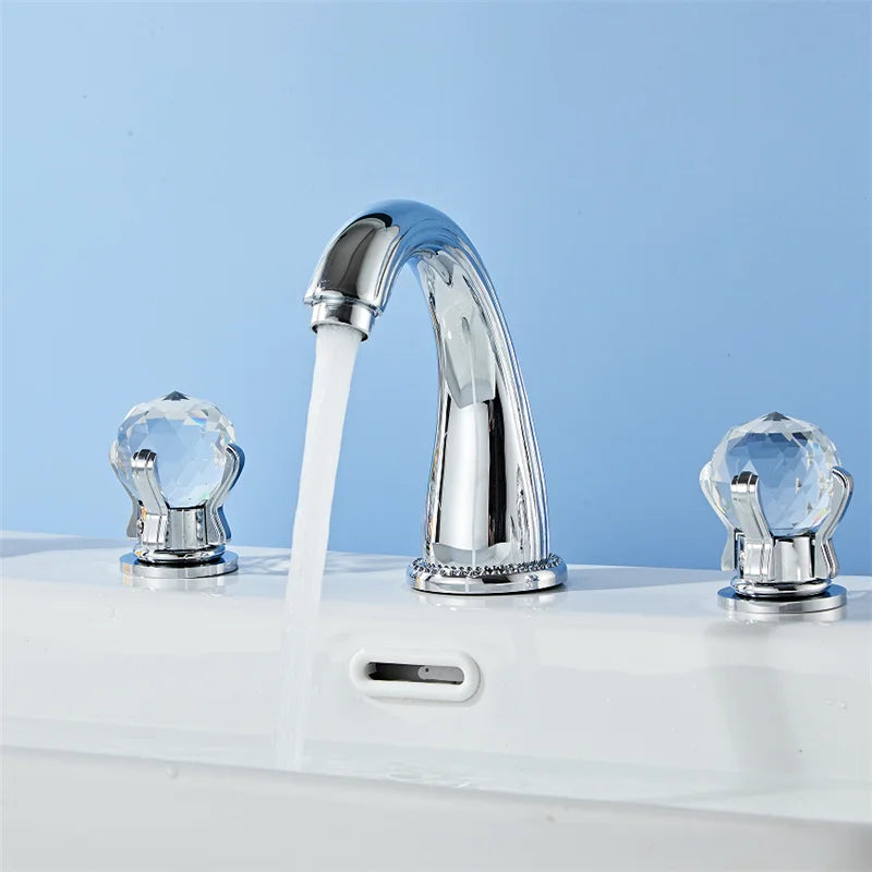 DecorBites™ Gold Crystal Handle Basin Faucet, 3 Hole Widespread Bathroom Sink Tap