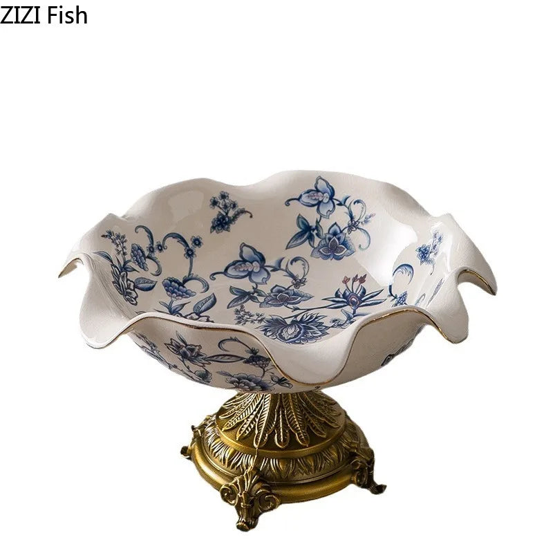 DecorBites™ Blue Flower Pattern Footed Fruit Tray Dessert Plate Snack Bowl Plate