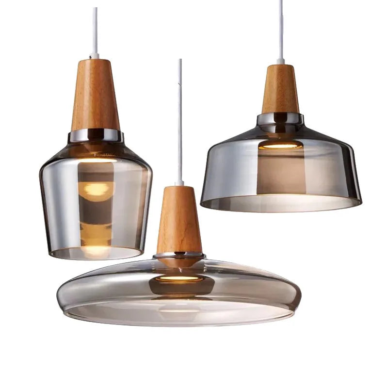DecorBites™ Glass Lampshade Pendant Light, Wooden Hanging Suspension, Retro American Design
